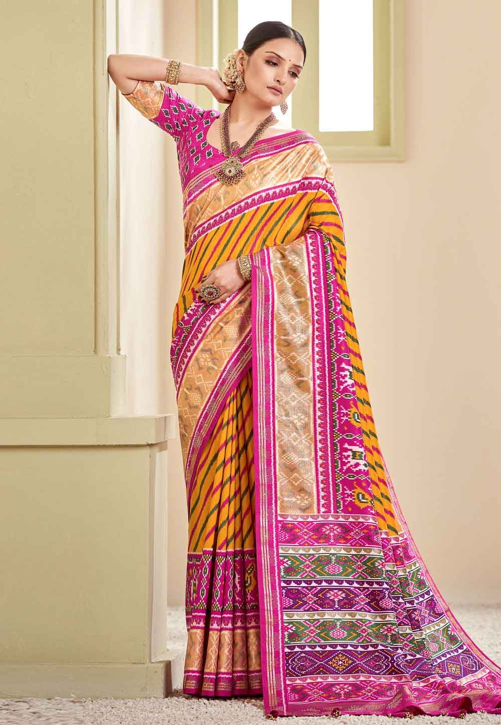 Yellow Patola Silk Saree With Golden Border