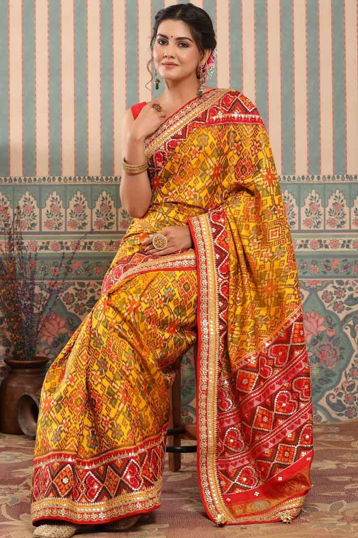 Yellow Patola Silk Saree With Red Border