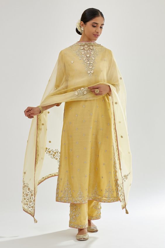 Yellow Plain Suit With Silk Organza Dupatta Design