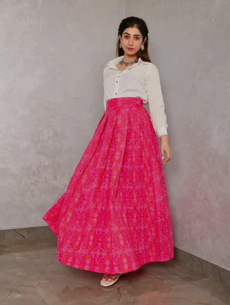 white shirt bandhani skirt