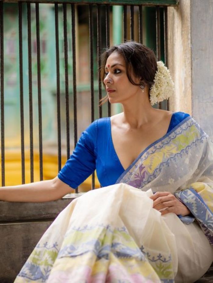 White block Printed linen Saree